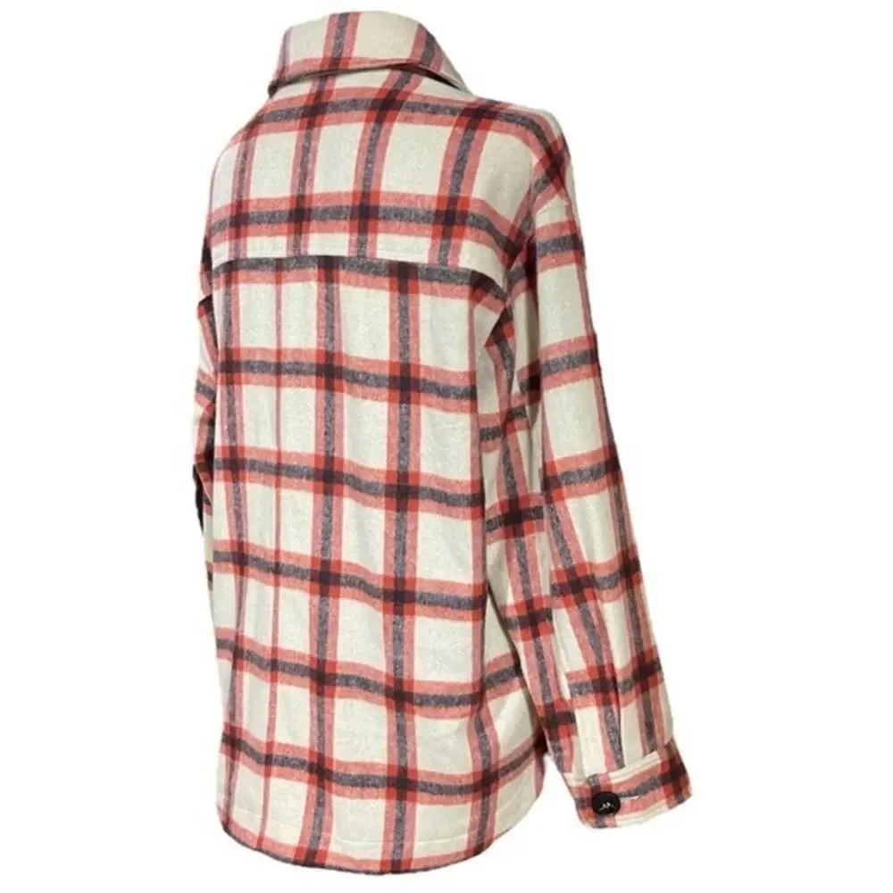 Ott Flannel Shirt Jacket‎ Oatmeal Red Black Plaid Medium / Large